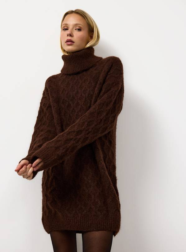 Dark Brown Roll Neck Cable Knitted Dress M | Tu Clothing
