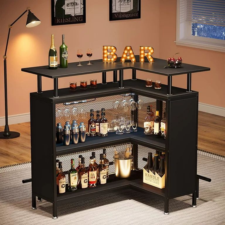 Tribesigns L-Shaped Home Bar Unit, Liquor Bar Table with 4 Stemware Racks and 2-Tier Shelves, Foo... | Walmart (US)