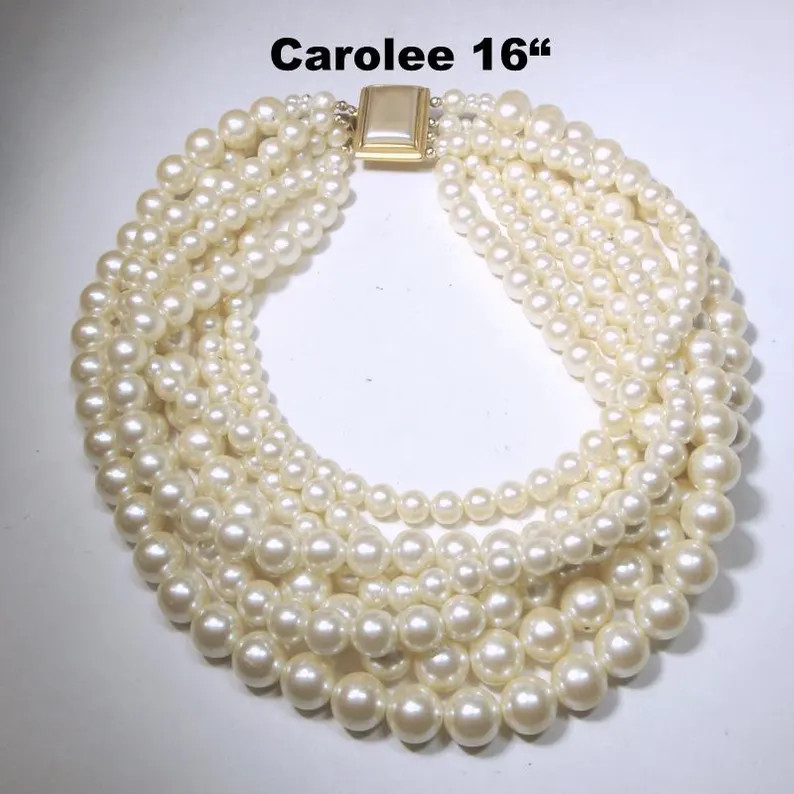 CAROLEE Signed White Glass Pearl 7 Strand TORSADE Choker Necklace, With Showy Goldtone Large Catc... | Etsy (Global)