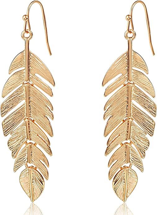Humble Chic Feather Earrings for Women - Long Hanging Boho Leaf Earrings in Gold, Silver, or Rose... | Amazon (US)