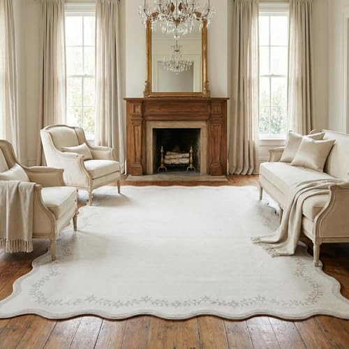 GarveeHome Scalloped Area Rugs 8x10 for Living Room, Large Neutral Washable Rug Soft Non Slip Backing Floor Mat Carpet Indoor Thin Rug for Bedroom Dining Room Playroom Nursery Home Decor | Amazon (US)