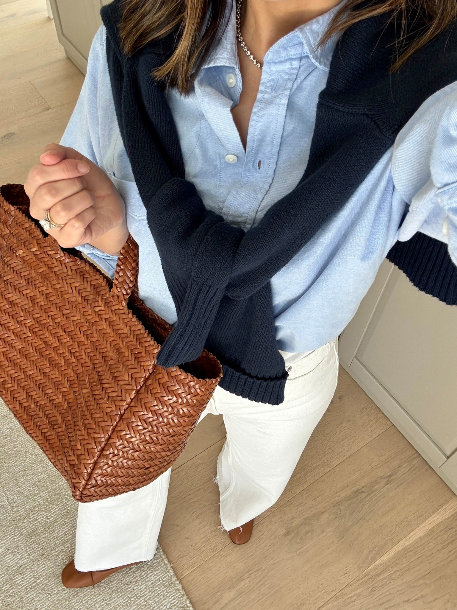 The most flattering white jean! Everlane’s way high 2.0 sailor jeans. High rise wide leg. I did have to cut the hems on these. 

Gap Big Shirt petite xs
Everlane sailor jeans 25, but hems
Everlane cotton sweater xs
Everlane ballet flats 5
Marea tote - sold out, linked similar 
Celine sunglasses 
Electric picks earrings
Dorsey James necklace 15”

Spring outfits 2026, white jeans, petite style 

#LTKPetite #LTKmomlife #LTKootd