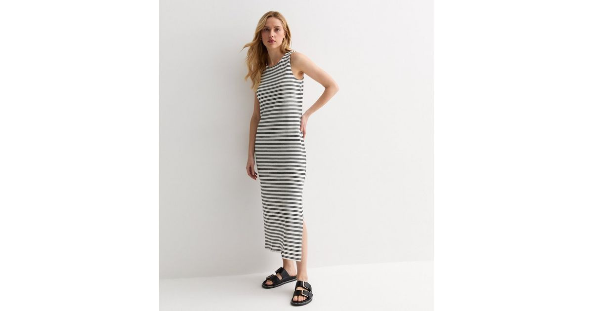Off White Stripe Knit Sleeveless Split Hem Midi Dress | New Look | New Look (UK)