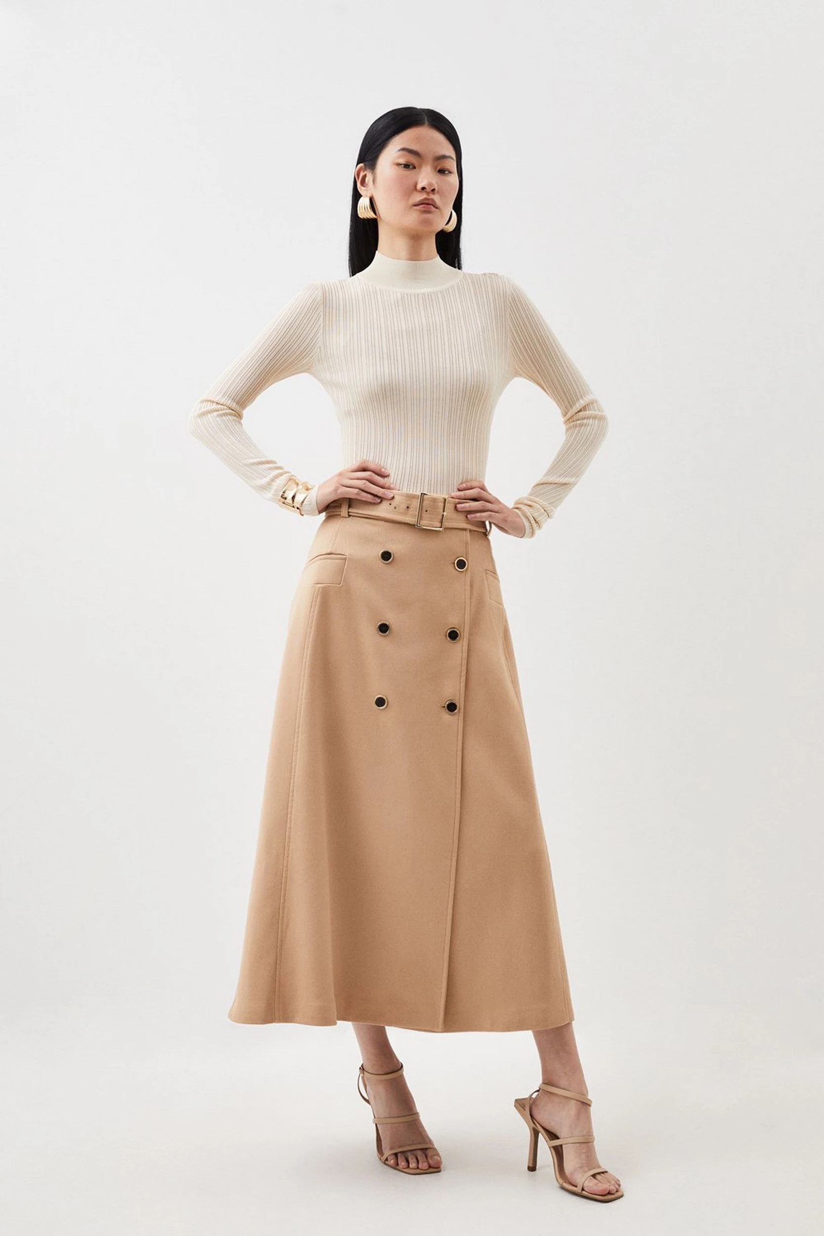 Relaxed Tailored Belted Longline Midi Skirt | Karen Millen UK + IE + DE + NL