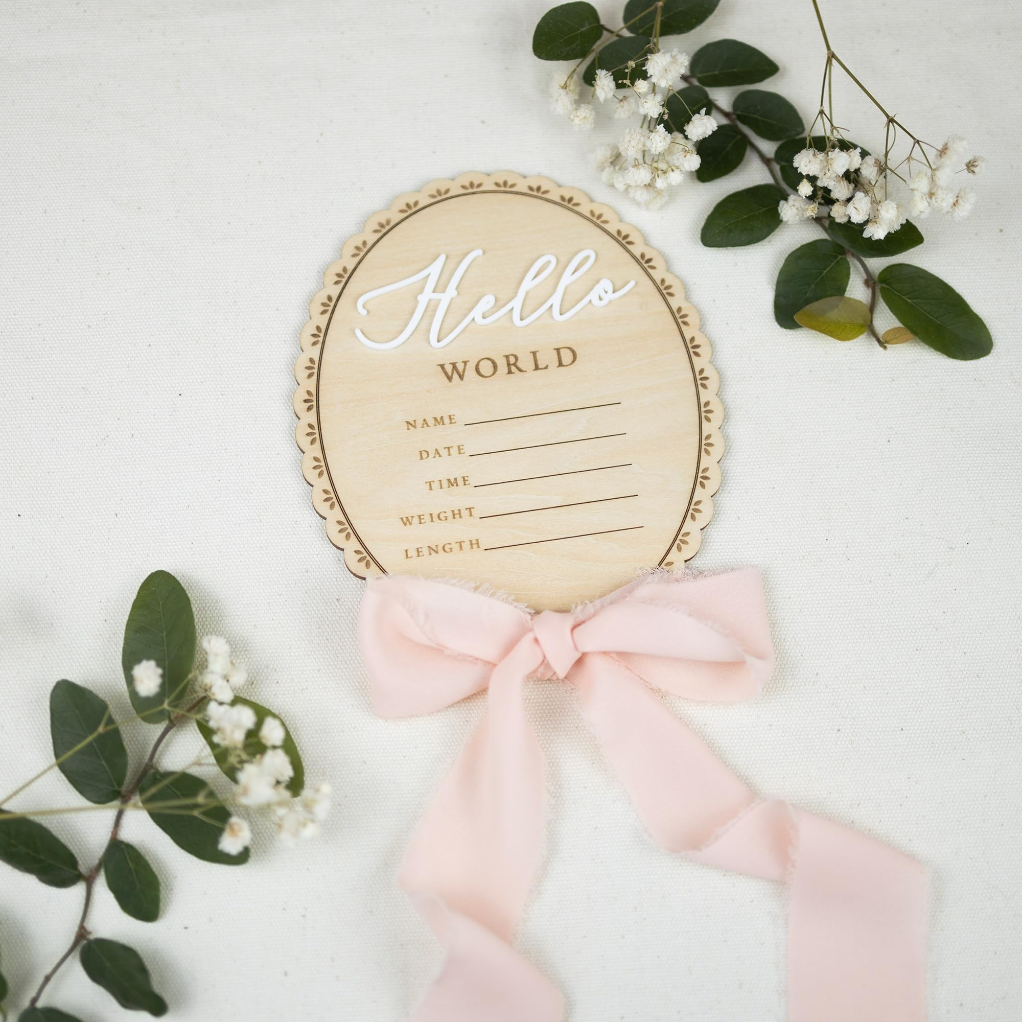 Baby Announcement Sign 6.5 Inch Wooden Hello World Newborn Welcome Sign Birth Baby Name Plaques for Photo Props Baby Shower Hospital Nursery (BOW CUT) | Amazon (US)