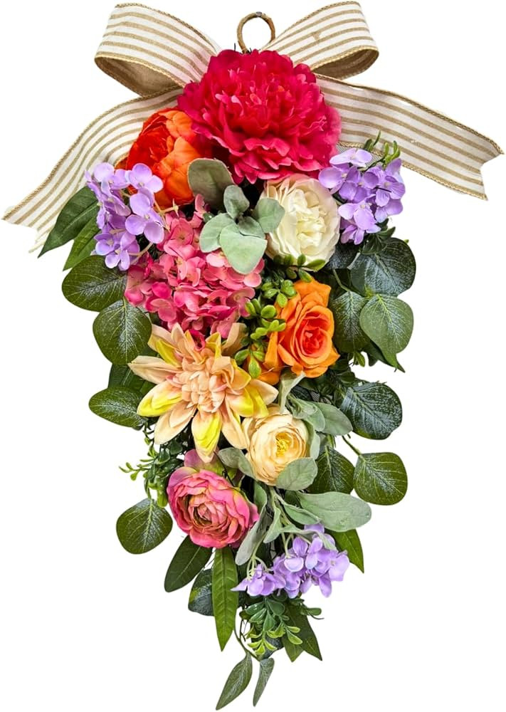Svndlyn 24 Inch Pre-lit Spring Summer Teardrop Swag with Peonies Roses Striped Bow, Colorful Farm... | Amazon (US)