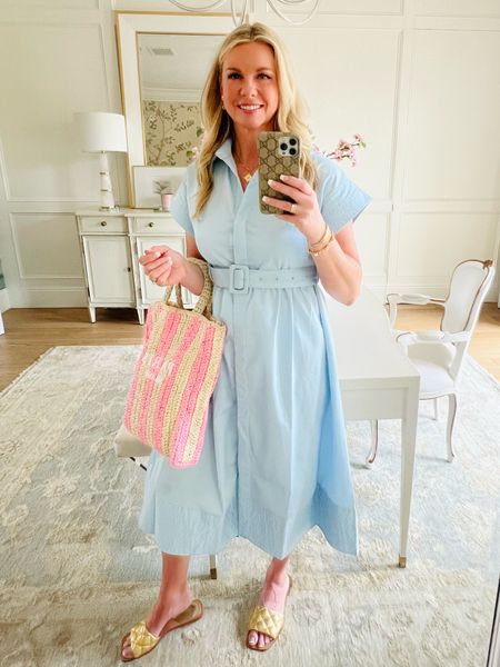 Affordable blue summer dress. Designer dupe. Designer dress sells for almost $300, this one is $45. Runs true to size. I love this tote for summer. It comes in tons of colors. 

#LTKStyleTip #LTKFindsUnder50 #LTKOver40