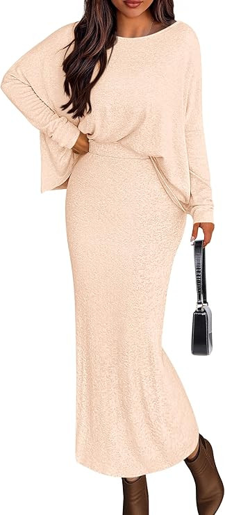 PRETTYGARDEN Women's Fall 2025 Two Piece Matching Skirt Sets Long Sleeve Tops Maxi Long Slit Body... | Amazon (US)