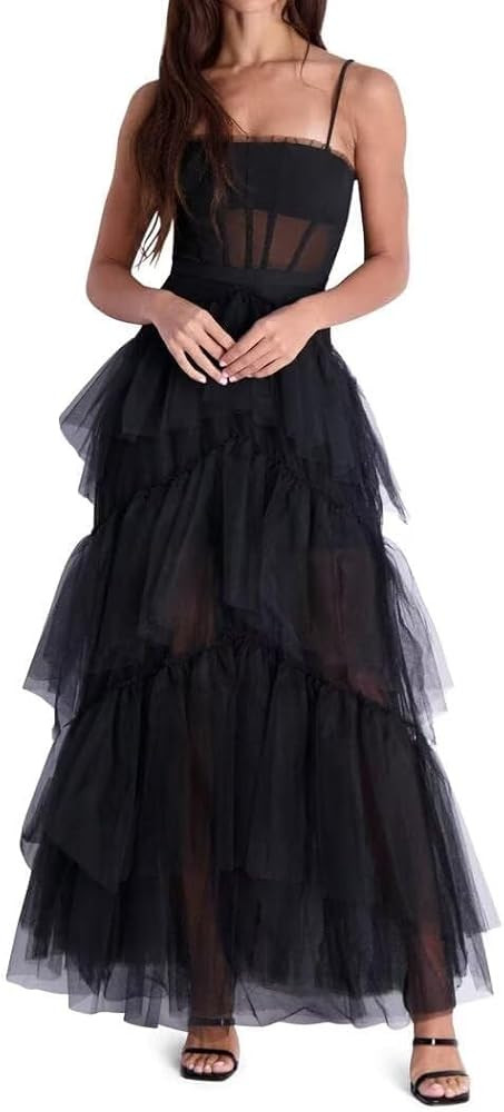Spaghetti Straps Tulle Prom Dresses Tiered Long Ruffles Ball Gowns Glitter Formal Evening Party G... | Amazon (US)