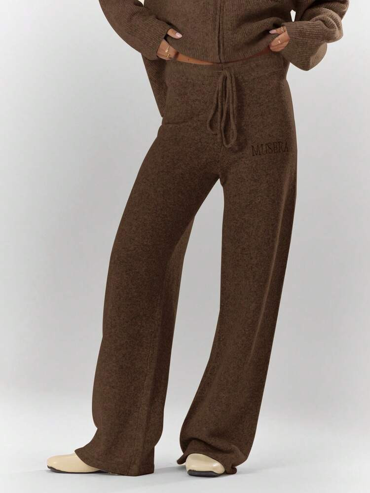 MUSERA Oversized Rib Knit Embroidered Detail Wide Leg Trousers Bottom Only Fall Autumn Cosy Cute Casual Coffee Club Evening Party Elegant Christmas New Year | SHEIN