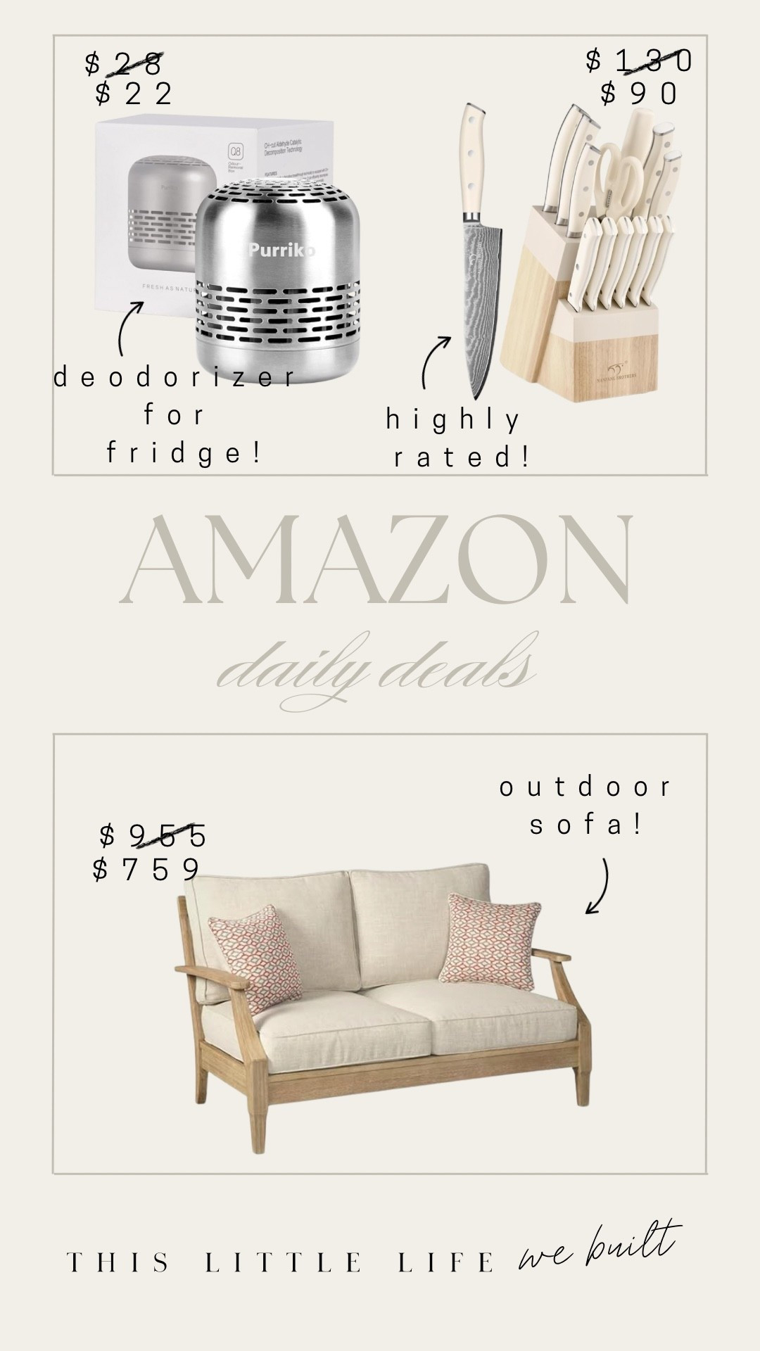 Amazon daily deals! 


Outdoor sofa, knife set, fridge deodorizer 

#LTKU #LTKSaleAlert #LTKHome