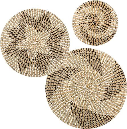 Set of 3 Rattan Handmade Hanging Wall Basket Decor - Decorative Boho Round Wicker Woven Flat Bask... | Amazon (US)
