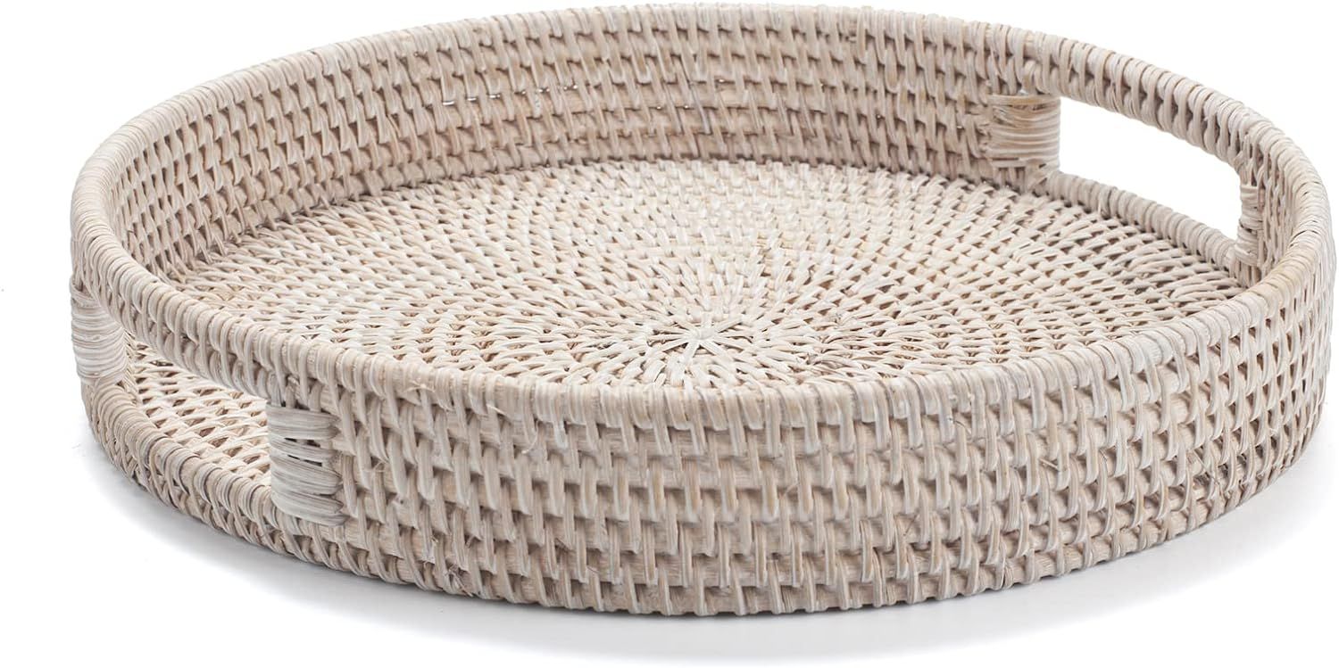 11.8 inch Round Rattan Tray, Ottoman Tray, Woven Serving Tray with Cut - Out Handles, Wicker Serv... | Amazon (US)