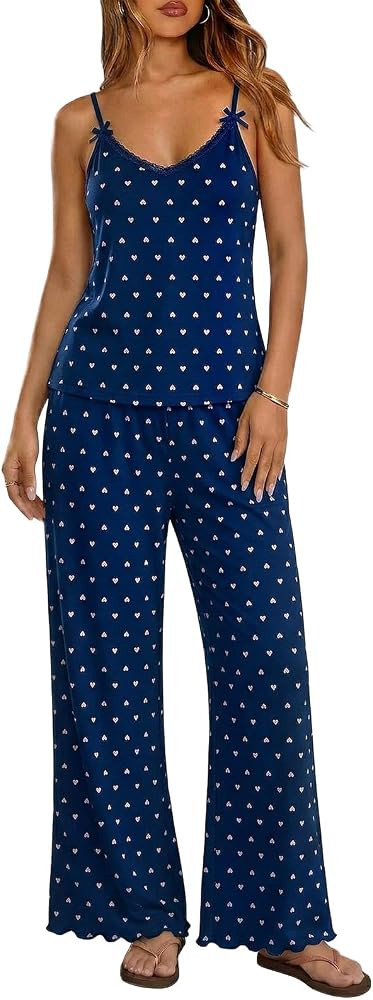Ekouaer Womens Y2K Cami Pajama Set with Flare Pants, 2 Piece Lace Trim Sleepwear Spaghetti Strap ... | Amazon (US)