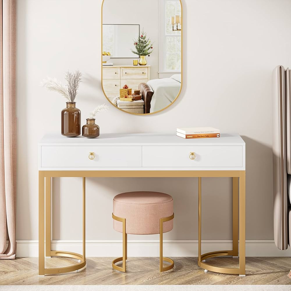 Tribesigns 47 inch White and Gold Computer Desk with 2 Drawers, Modern Simple White Vanity Desks ... | Amazon (US)