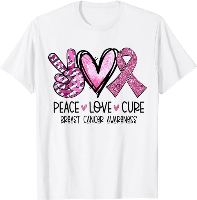 Peace Love Cure Pink Ribbon Cancer Breast Awareness T-Shirt | Amazon (US)