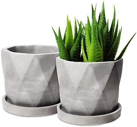 ZOUTOG Succulent Pots, Grey 4.42 inch Concrete Flower Planter Pot Set with Cement Tray, Pack of 2... | Amazon (US)