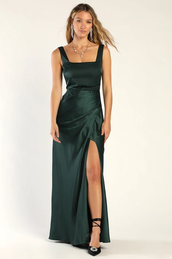 Red Carpet Romance Emerald Green Satin Square Neck Maxi Dress | Lulus