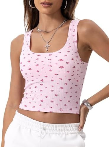 Danysu Women Rib Tank Top Padded Workout Top Square Neck Crop Tank Fitted Basic Cami Tops | Amazon (US)