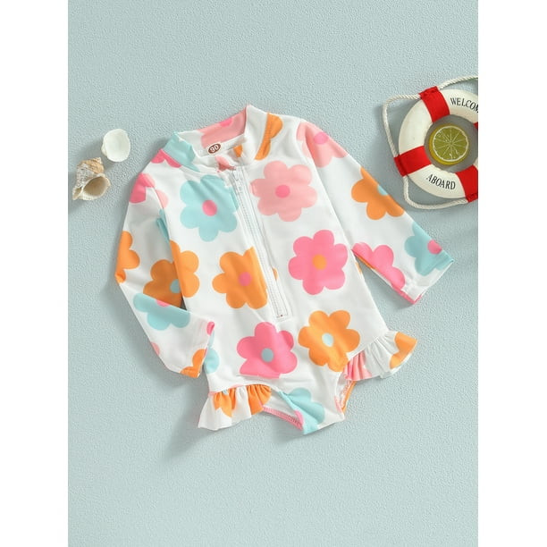 Kids Toddler Baby Girl Rash Guard Long Sleeve Ruffle Floral Print Surfing Swimsuit Zipper One Pie... | Walmart (US)