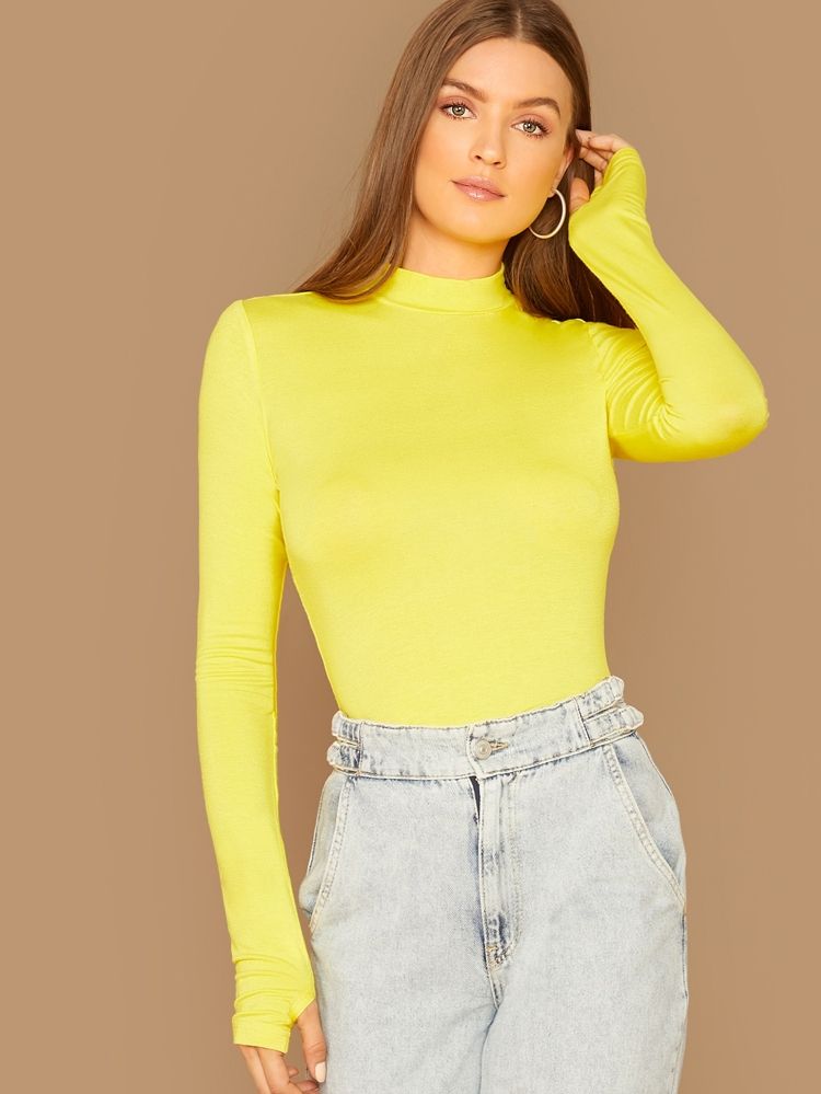 Neon Yellow Mock-neck Thumb Hole Tee | SHEIN