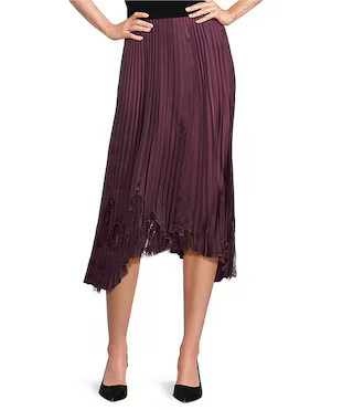 BOSS by Hugo Boss Velacey Lace Inset Satin Pleated Asymmetrical Midi Skirt | Dillard's