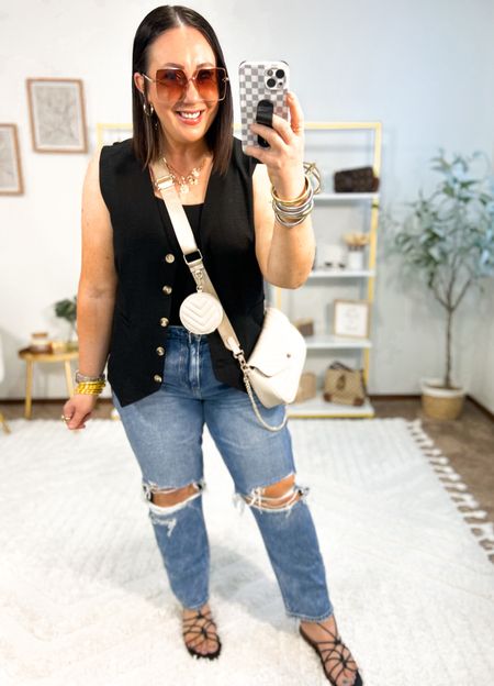 Love this vest from Amazon that’s part of a 2 piece set! Styled with AE mom jeans!  Love the fit of these! 
XL vest
Size 16 shorts jeans
Linked similar strappy sandals 


#LTKFindsUnder50 #LTKMidsize #LTKSeasonal