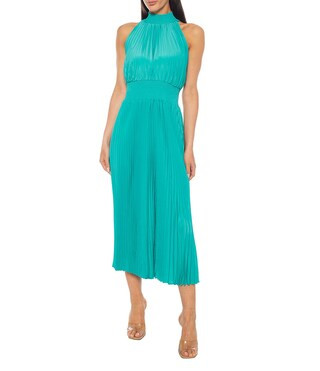 Sleeveless Halter Mock Neck Smocked Pleated Crepe Chiffon A-Line Midi Dress | Dillard's