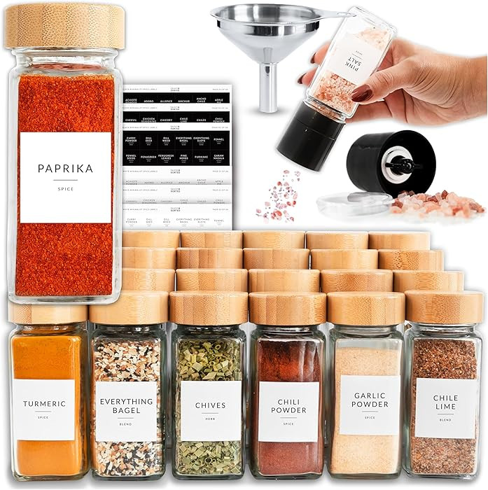 SAVVY & SORTED Glass Spice Jars with Label, 24PK Bamboo Jar Spices Set 4oz, 374 Spice Labels, Pep... | Amazon (US)