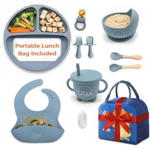 12 Pcs Silicone Baby Weaning Set with Portable Lunch Bag – BPA-Free Strong Suction Divided Plate, Bowl, Sippy Cup, Baby Spoon, Fork, Bib w/Catcher–Microwave & Dishwasher Safe Baby Plates and Bowls Set | Amazon (UK)