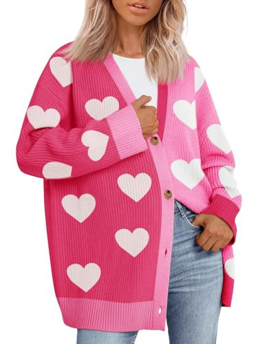 Saodimallsu Womens Heart Cardigan Sweaters Valentines Oversized Winter Color Block Button Up Cute Ribbed Sweater Coats Rose Red | Amazon (US)
