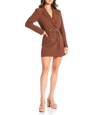 Gina Notch Lapel Long Sleeve Button Front Tie Waist Blazer Wrap Mini Dress | Dillard's
