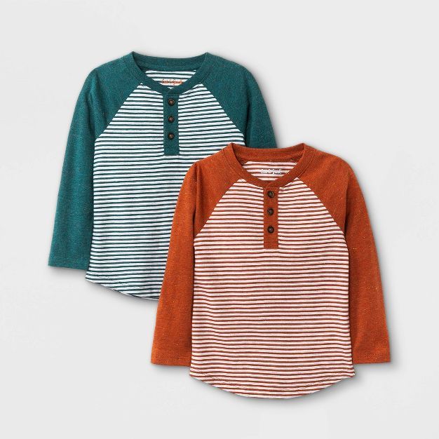 Toddler Boys' 2pk Striped Henley Long Sleeve T-Shirt - Cat & Jack™ Green/Orange | Target
