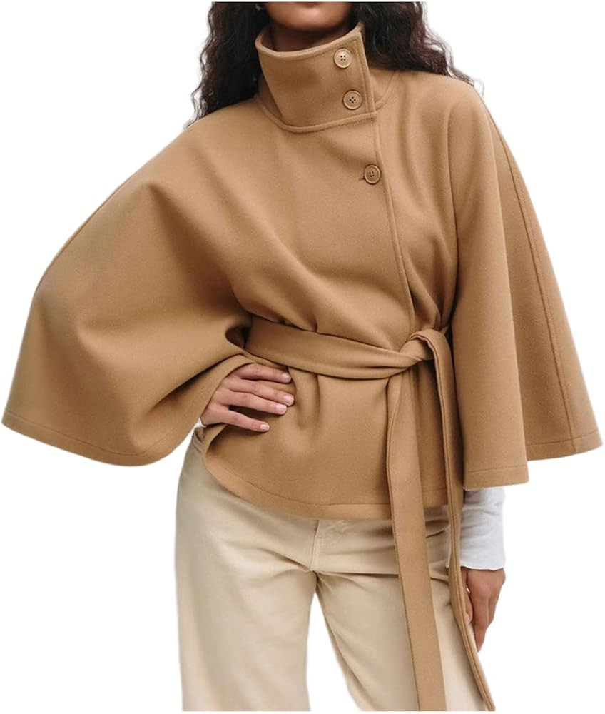 CHARTOU Women Batwing Sleeve Ponchos Pea Coat Wool Stand Collar Belt Capes Jacket Winter Cropped ... | Amazon (US)