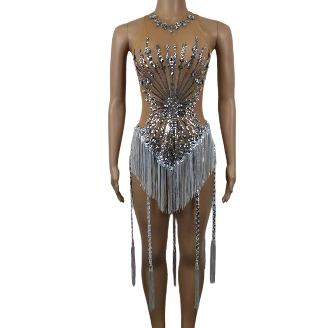 Sparkly Rhinestones Sequins Fringes Leotard Women Sexy Mesh Transparent Performance Dance Costume... | AliExpress (US)