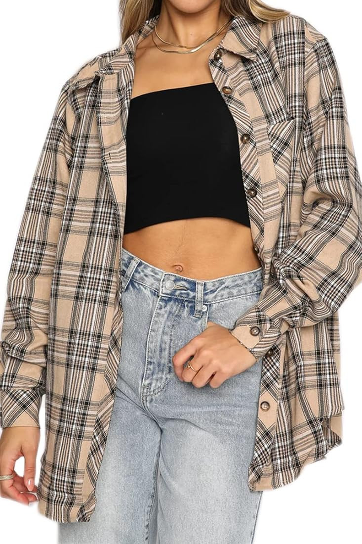CHYRII Womens Button Down Flannel Shirts Long Sleeve Plaid Shackets Business Casual Blouse Top | Amazon (US)