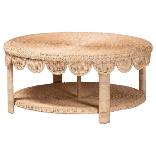 Bali & pari Latoya Natural Rattan Coffee Table - Handwoven Round Wicker Table with Scalloped Apron and Lower Shelf, Coastal Boho Living Room Accent Furniture | Amazon (US)