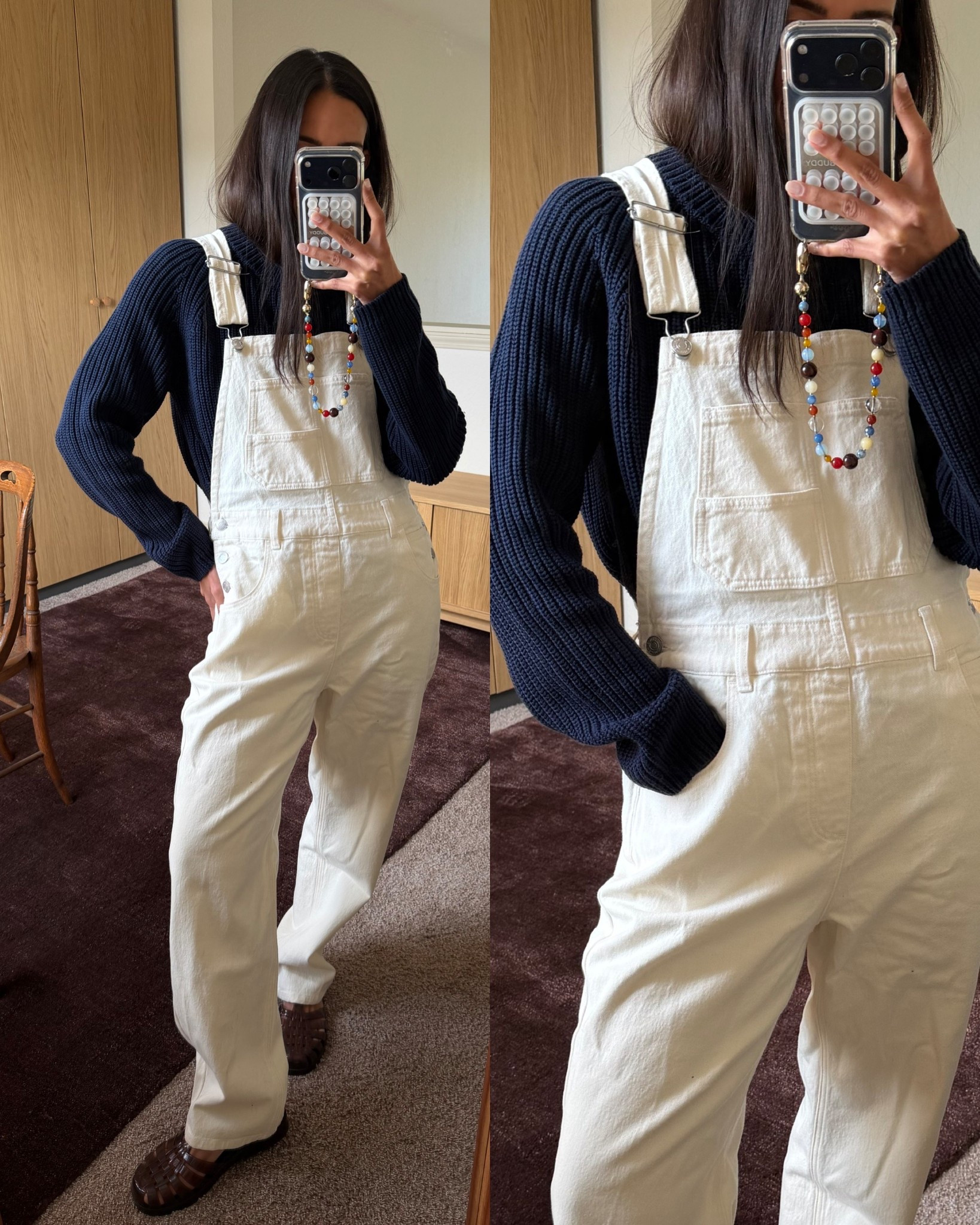 overalls + fisherman crew = my spring uniform! i’m wearing a size S in the overalls & a size M in the crewneck. @Quince #quincepartner