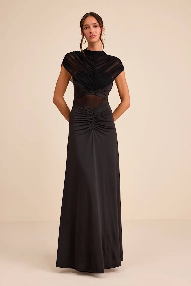 Murielle Black Mesh Ruched Maxi Dress | Lulus
