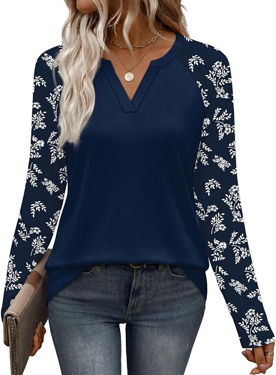 WIHOLL Long Sleeve Shirts for Women Color Block Raglan Tops Fall Fashion | Amazon (US)