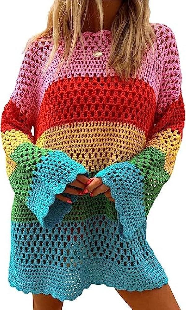 SOLILOQUY Women Crochet Knit Mesh Pullover Sweater Y2k Long Sleeve Colorful Ribbed Mini Dress See... | Amazon (US)
