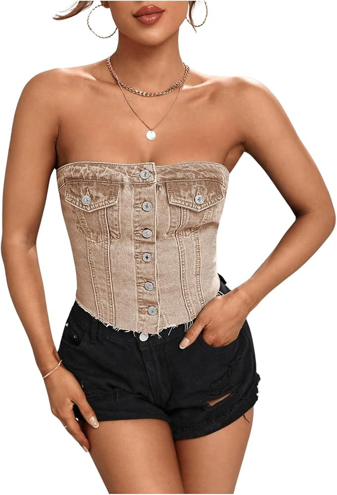 SweatyRocks Women's Strapless Button Down Slim Fit Denim Crop Tube Top with Flap Pocket | Amazon (US)