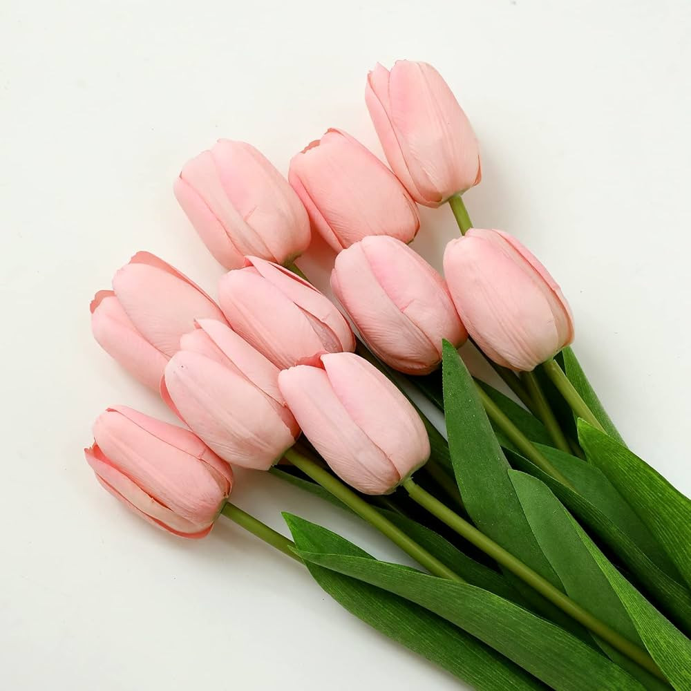 10Pcs Pink Artificial Tulips Silk Flowers, Long Stem and Green Leaves, Fake Flowers Decoration fo... | Amazon (US)
