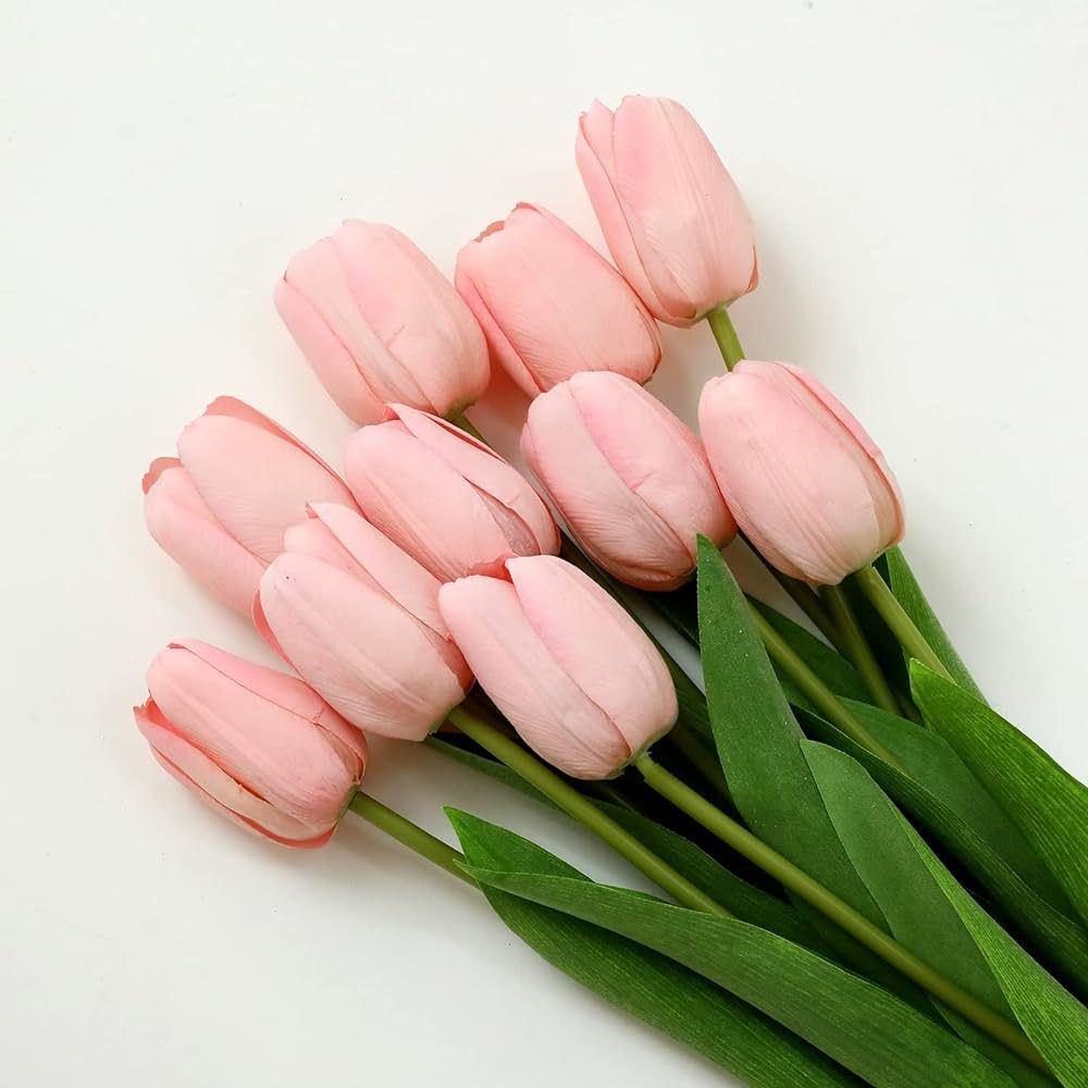 10Pcs Pink Artificial Tulips Silk Flowers, Long Stem and Green Leaves, Fake Flowers Decoration fo... | Amazon (US)