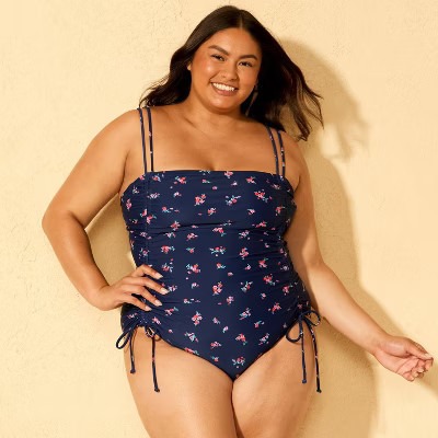 Women's Floral Print High Leg Cheeky Adjustable Tunneled Side One Piece Swimsuit - Wild Fable™ Navy Blue 22 | Target