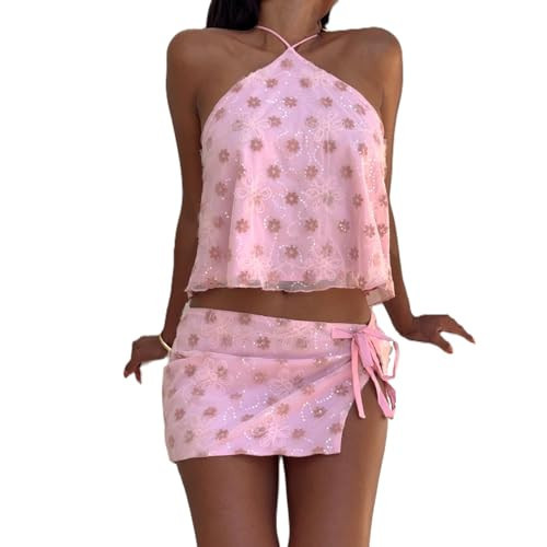 Karwuiio Woman Two Piece Outfits Sparkly Sequin Sleeveless Tops Sexy Bodycon Mini Skirt Sets Y2K Clubwear(Pink Flower,Small) | Amazon (US)