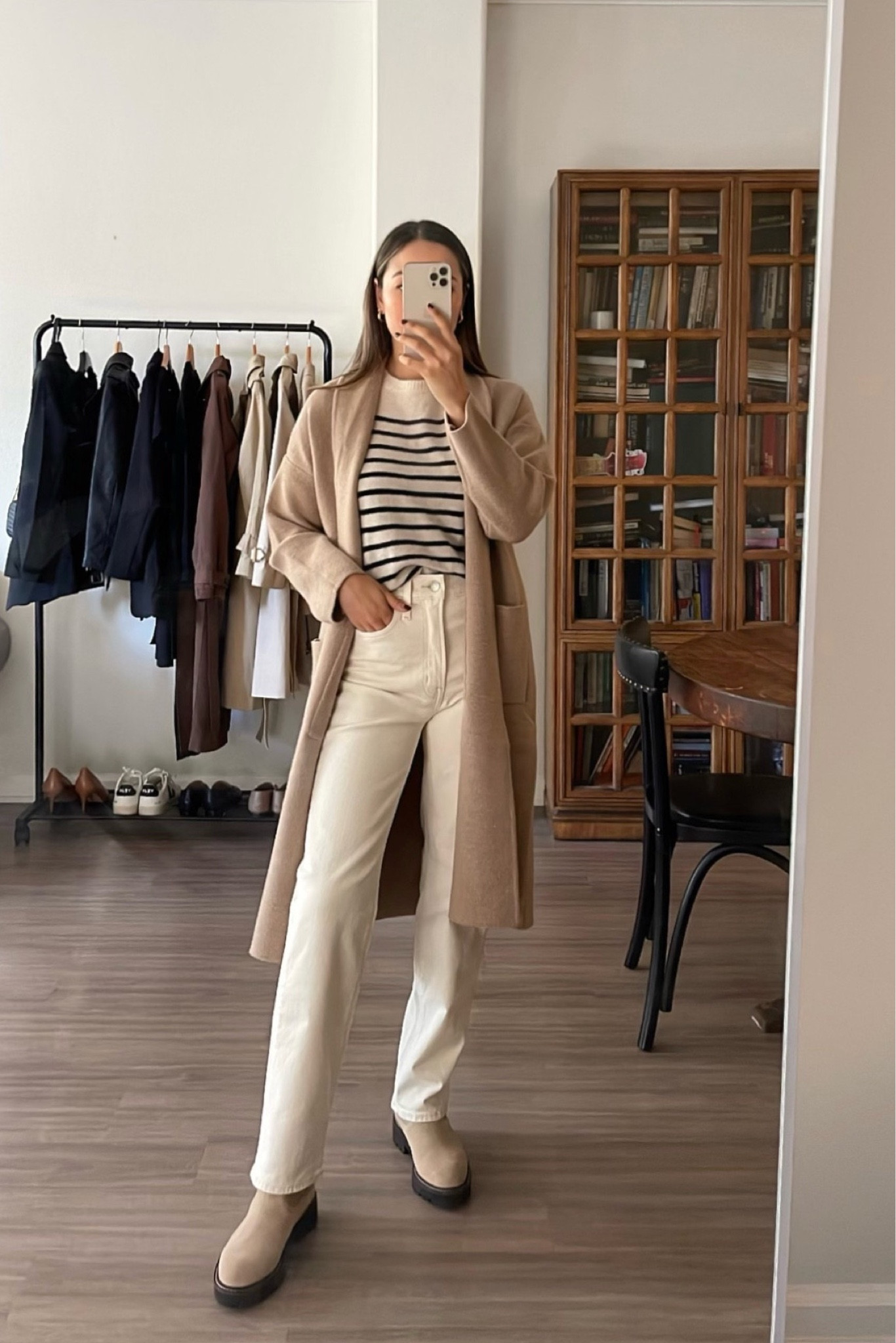 Mango coatigan restocked & 30% off! A favorite for fall and winter — it’s so warm and cozy. Wearing xs 

•Striped sweater xs reformation 
•White straight leg jeans 23 standard Madewell 
•Caslon boots - out of stock, linked similar in stock boots with tan color available 

#LTKfindsunder100 #LTKtravel #LTKsalealert