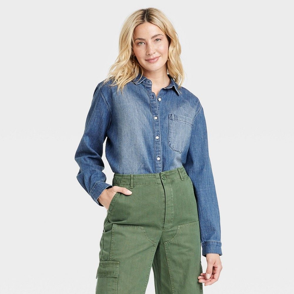 Women's Long Sleeve Classic Fit Button-Down Shirt - Universal Thread Blue Denim XL | Target
