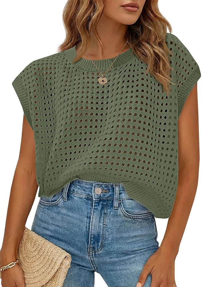 Saodimallsu Womens Crochet Sweaters Summer Cap Sleeve Knit Tops Lightweight Crewneck Beach Vacati... | Amazon (US)