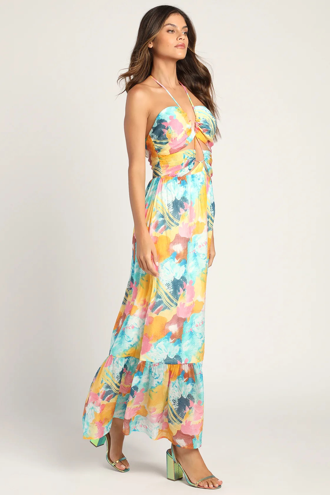 Stunning One Multi Abstract Print Drawstring Halter Midi Dress | Lulus (US)